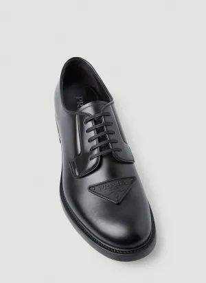 $1,150 PRADA - Black Brushed Triangle Plaque Leather Derby Lace-Ups - 12 US (11 Prada)