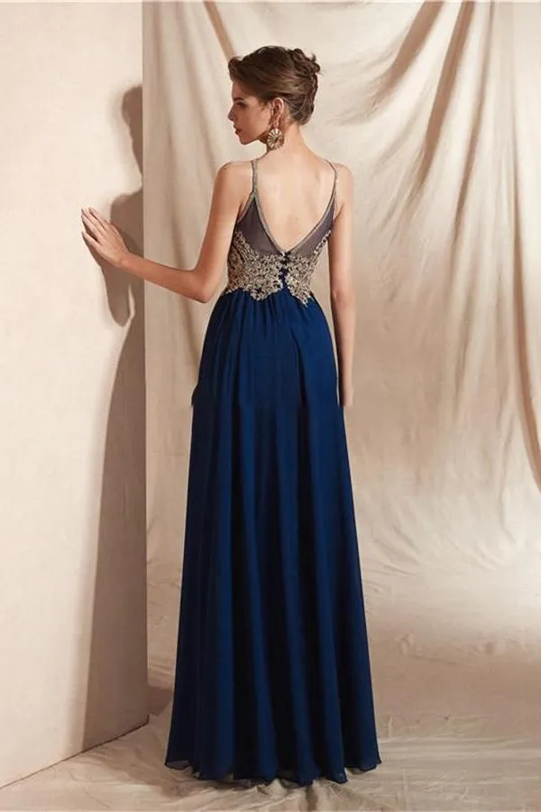 A Line Floor Length Sleeveless Appliques Long Chiffon Prom Dresses OHC532