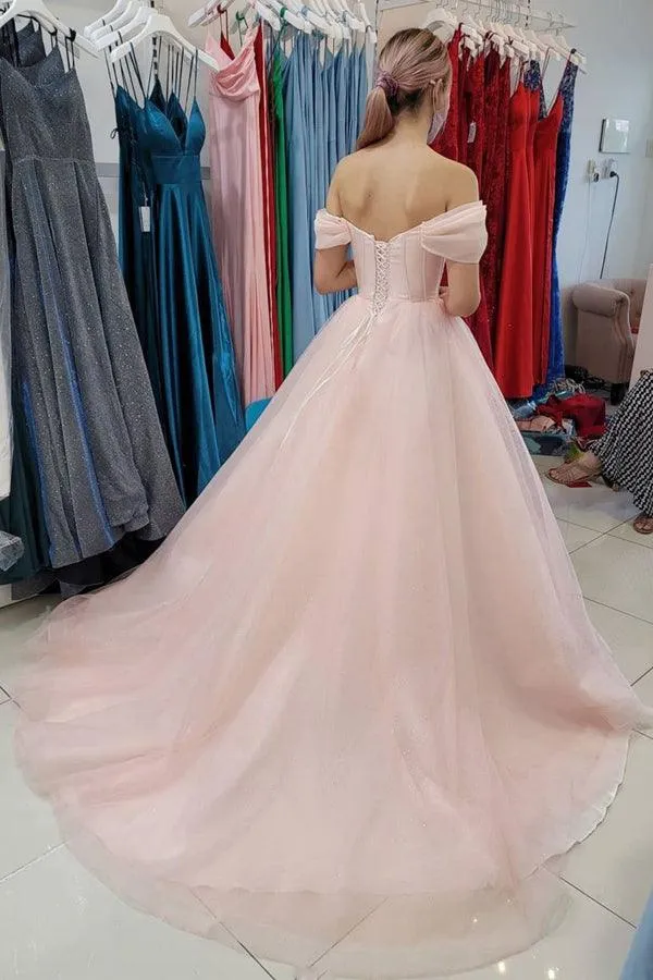 A-line Pink Tulle Off The Shoulder Long Prom Dress Evening Dress TP1035