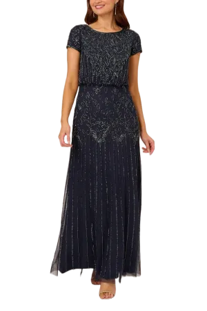 Adrianna Papell Style No: AP191906600 Boat Neck Short Sleeve Blouson Zipper Back Embellished Mesh Dress