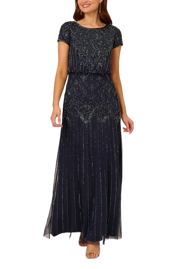 Adrianna Papell Style No: AP191906600 Boat Neck Short Sleeve Blouson Zipper Back Embellished Mesh Dress