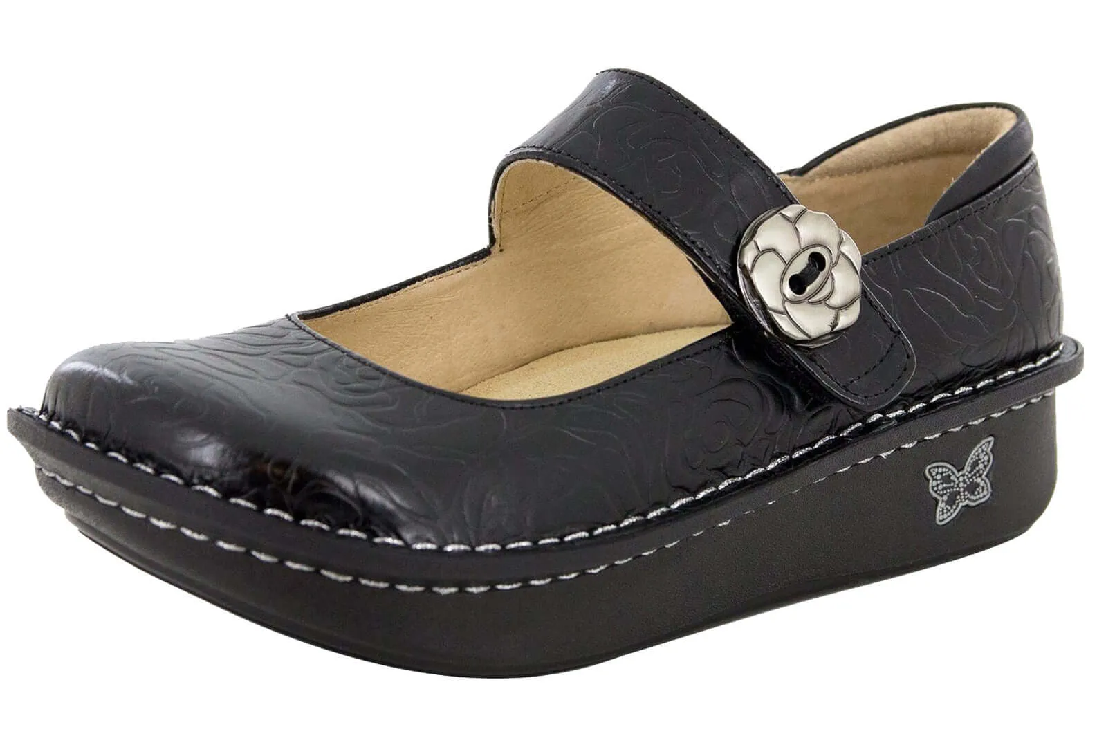 ALEGRIA Nursing Shoes Slip On Womens - Black Embossed Rose