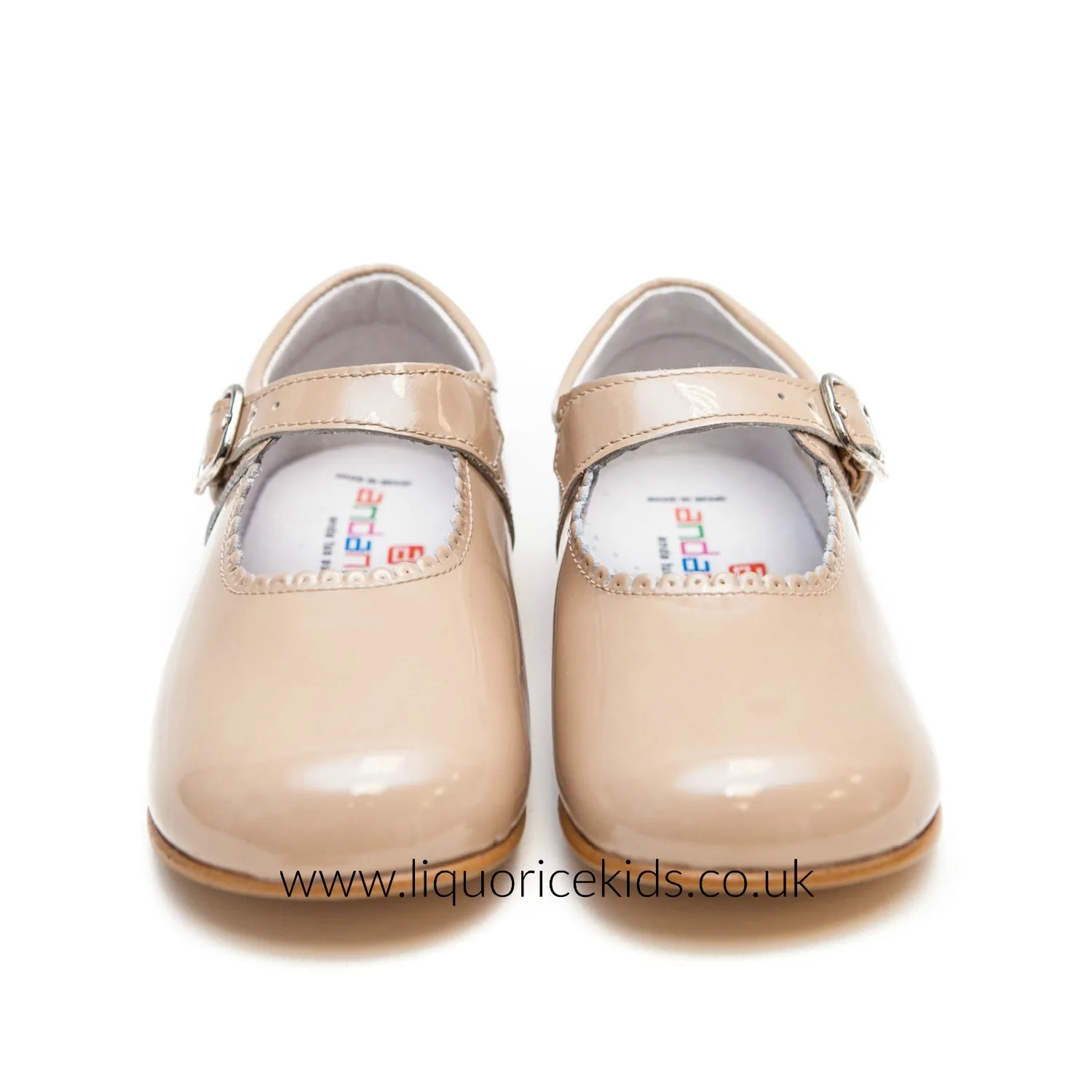 Andanines Girls Camel Patent Mary Janes With Scallop Edging.