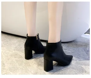 Autumn and Winter Women's Shoes Martin Boots Pointed Rhinestones Thick with Front Zipper High Heel