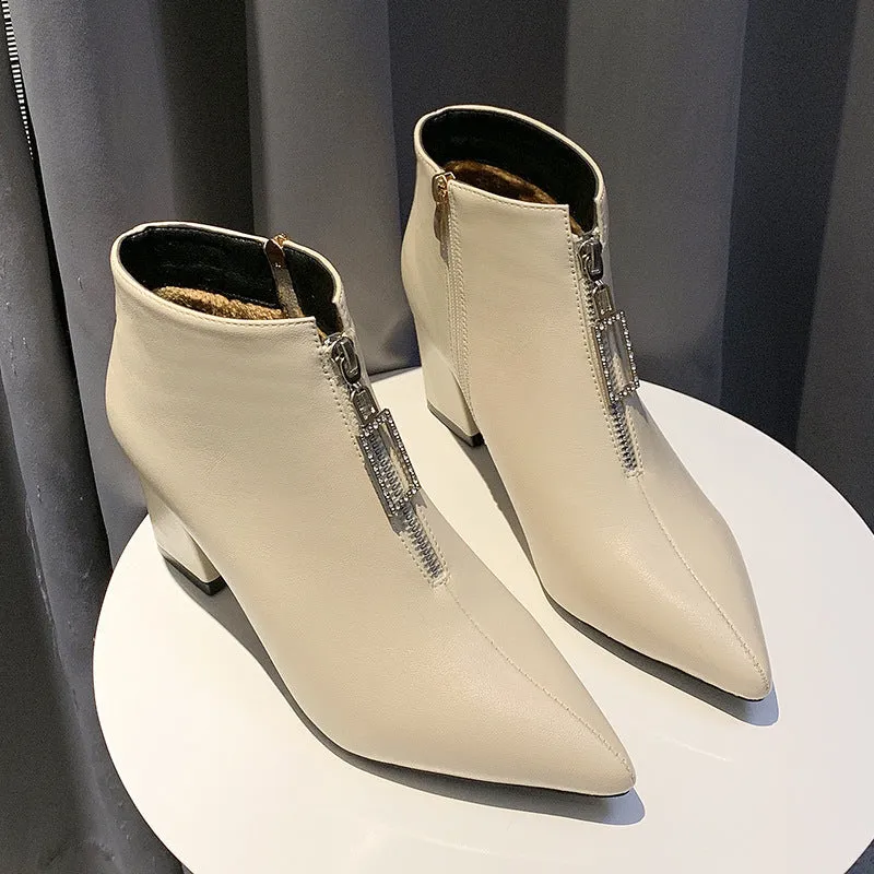 Autumn and Winter Women's Shoes Martin Boots Pointed Rhinestones Thick with Front Zipper High Heel