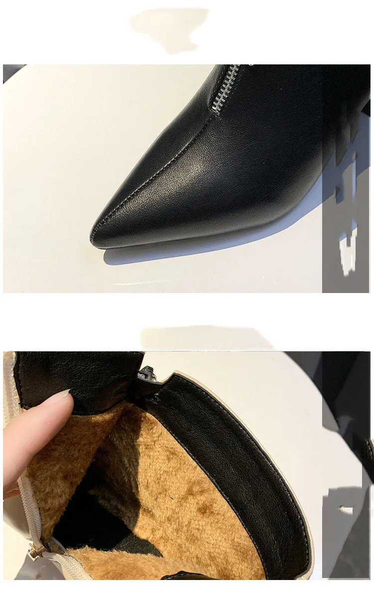 Autumn and Winter Women's Shoes Martin Boots Pointed Rhinestones Thick with Front Zipper High Heel