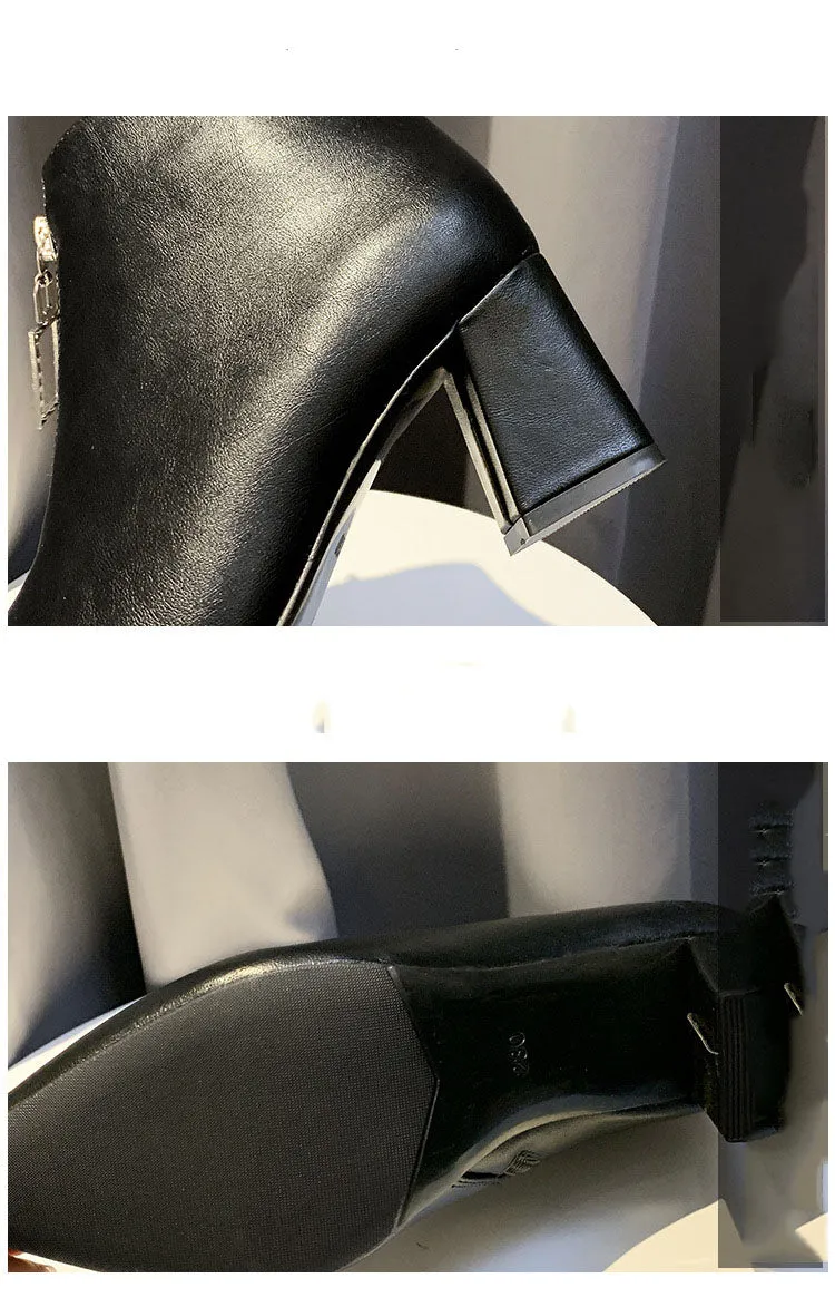 Autumn and Winter Women's Shoes Martin Boots Pointed Rhinestones Thick with Front Zipper High Heel