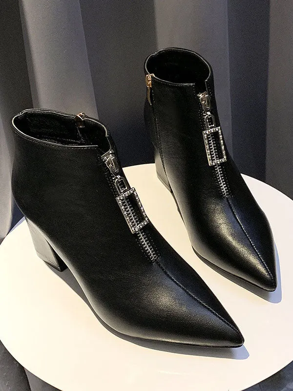 Autumn and Winter Women's Shoes Martin Boots Pointed Rhinestones Thick with Front Zipper High Heel