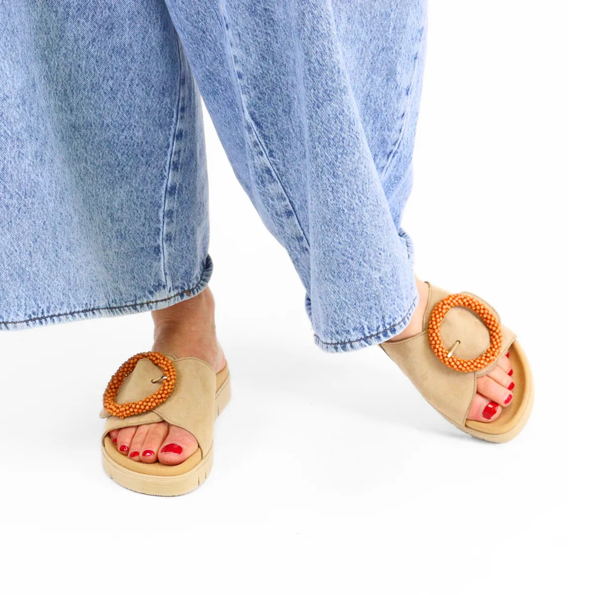 Beaded Buckle Sandal Caramel