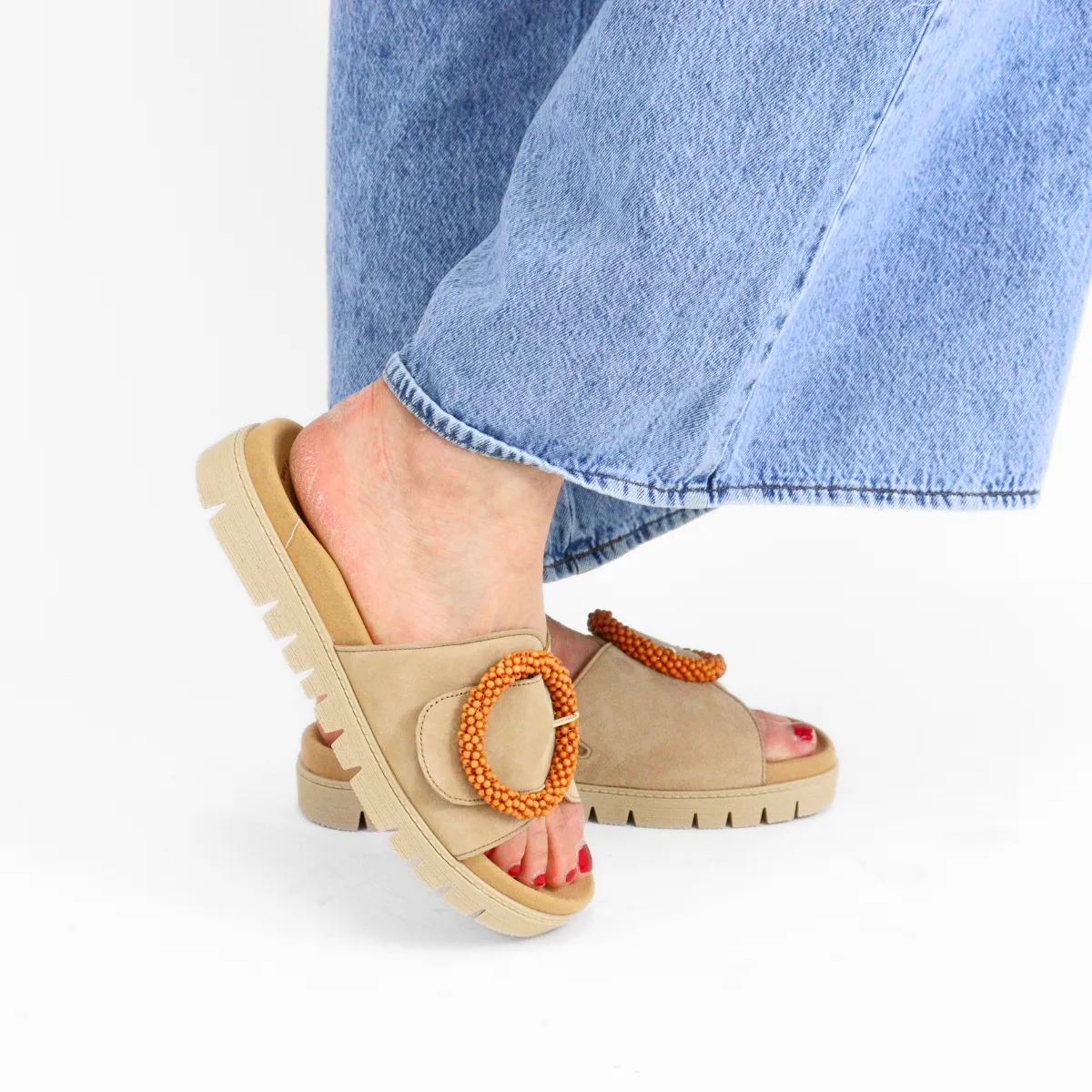 Beaded Buckle Sandal Caramel
