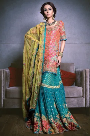 Beautiful bridal mehndi lehnga in orange and turquoise color # B3312