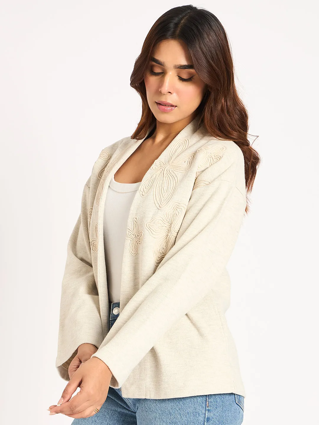 Beige Tonal Embroidered Shrug