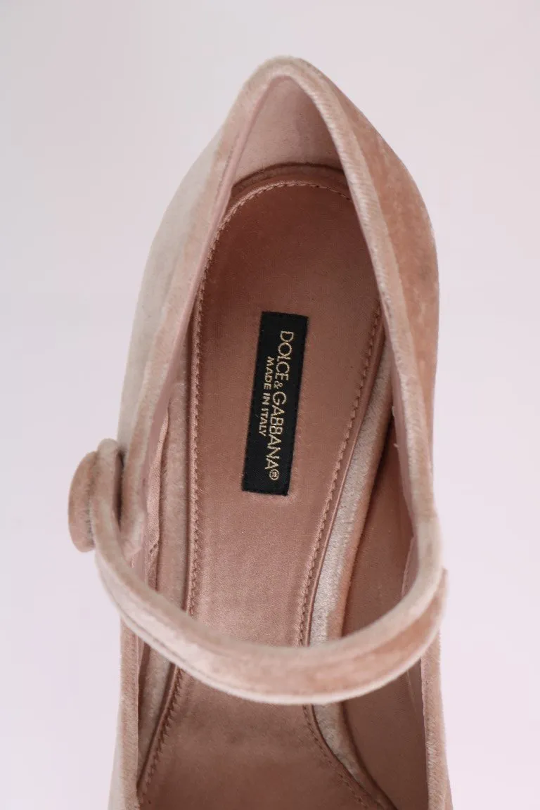 Beige Velvet Mary Janes Leather Shoes