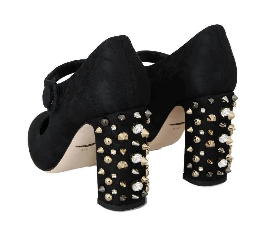 Black Brocade Crystal Gold Studded Shoes