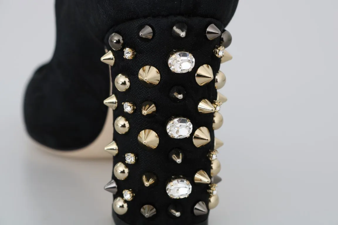 Black Brocade Crystal Gold Studded Shoes