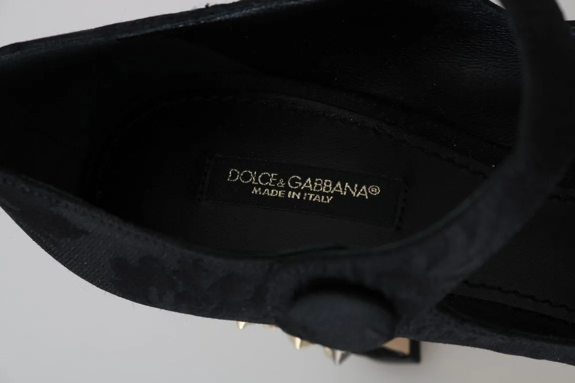 Black Brocade Crystal Gold Studded Shoes