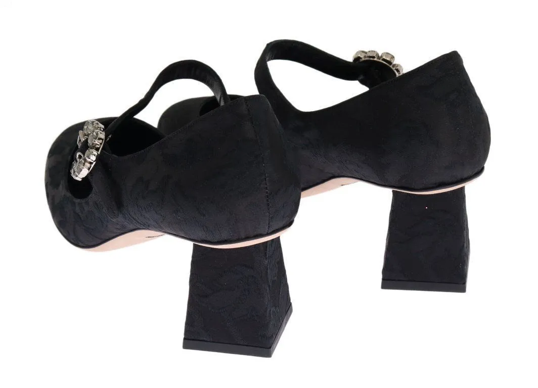 Black Brocade Crystal Mary Janes Shoes