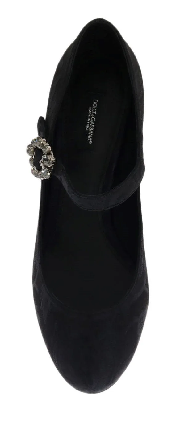Black Brocade Crystal Mary Janes Shoes