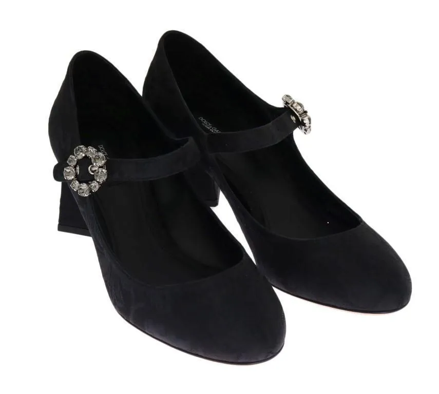Black Brocade Crystal Mary Janes Shoes