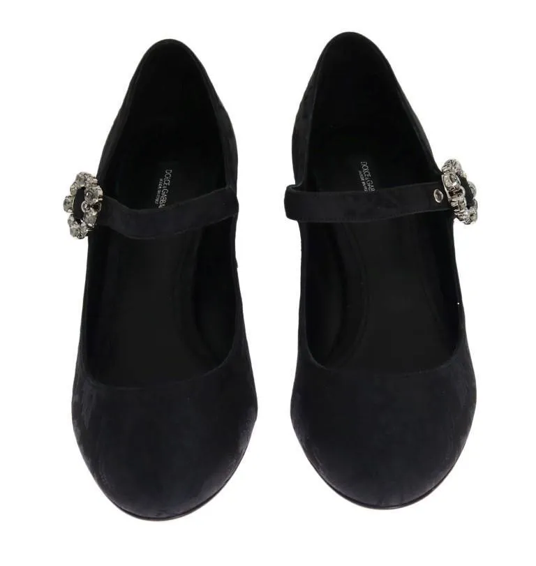 Black Brocade Crystal Mary Janes Shoes