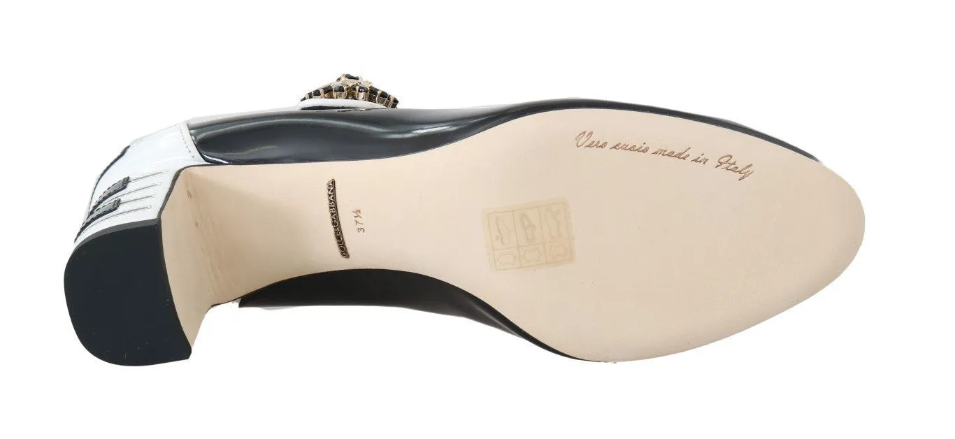 Black Leather Mary Janes Crystals Pumps