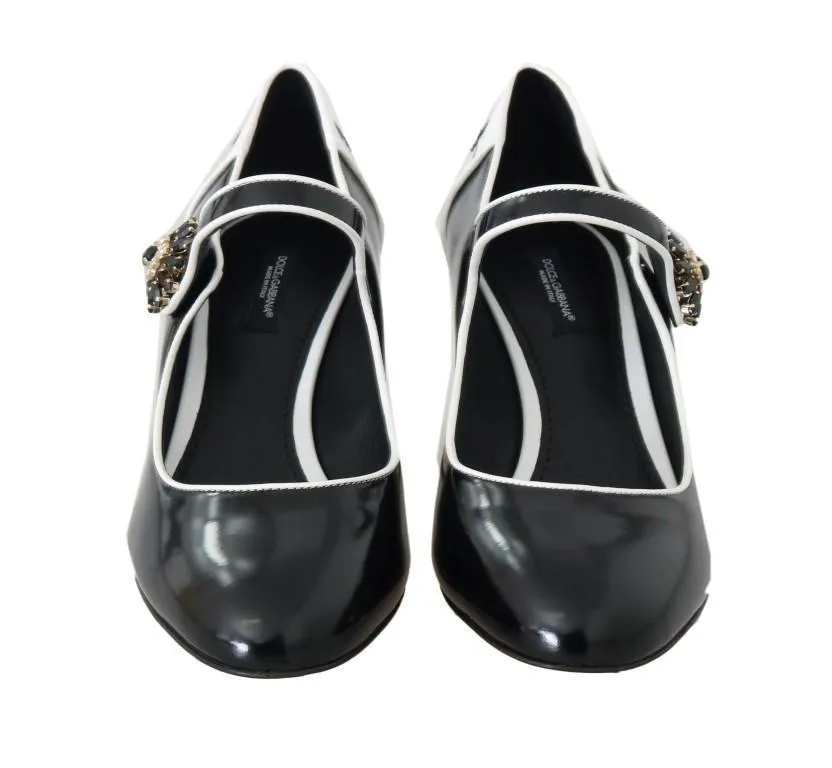 Black Leather Mary Janes Crystals Pumps