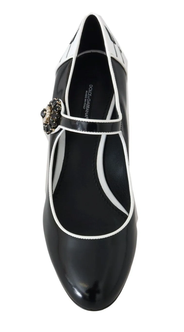 Black Leather Mary Janes Crystals Pumps