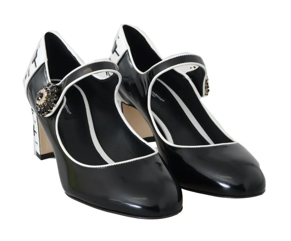 Black Leather Mary Janes Crystals Pumps