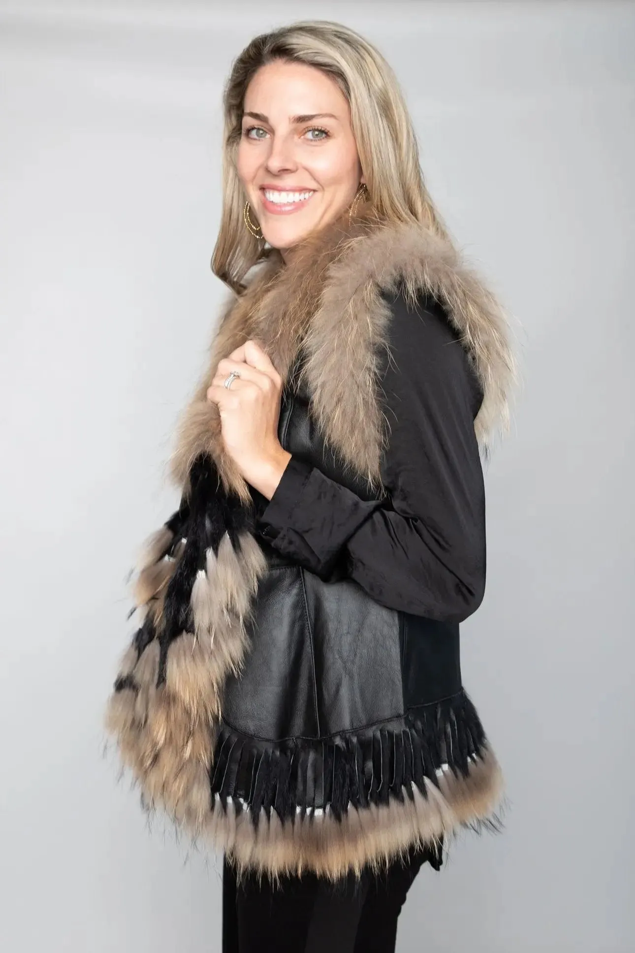 Black Leather, Rabbit, and Racoon Vest