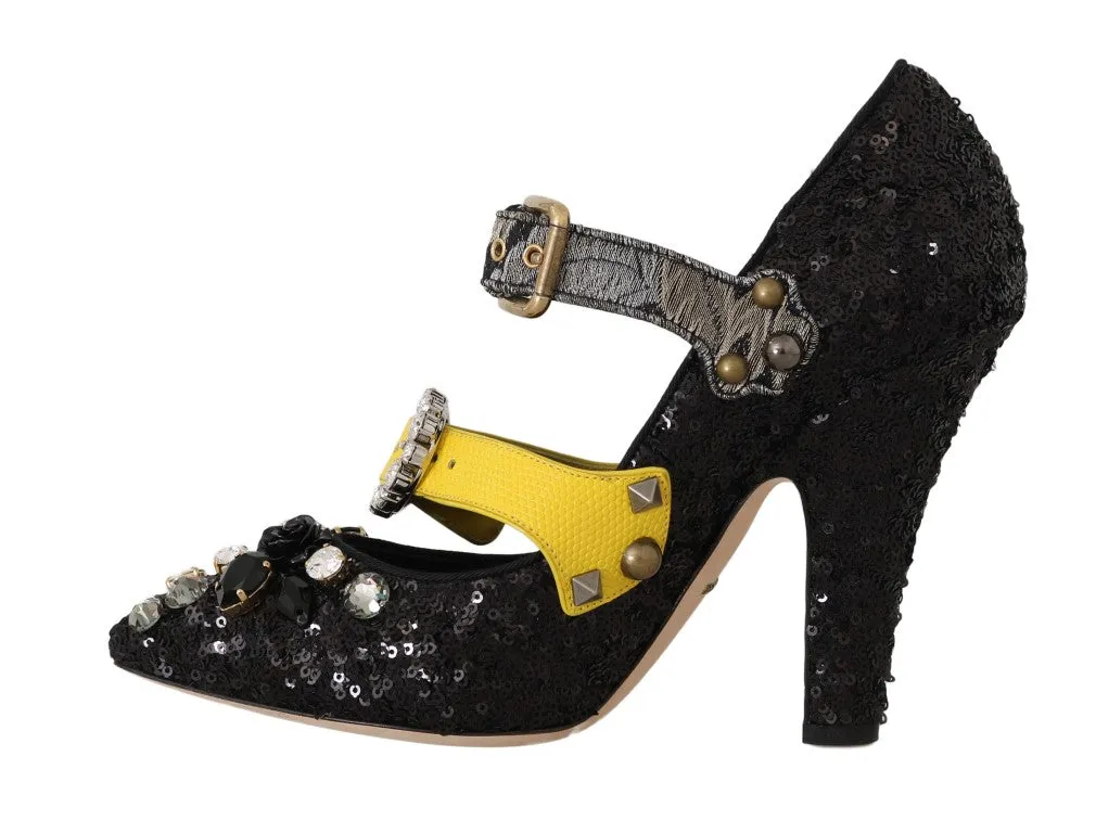Black Sequined Crystal Studs Heels Shoes