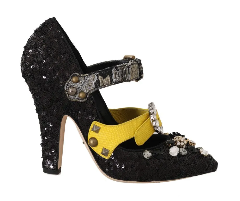 Black Sequined Crystal Studs Heels Shoes