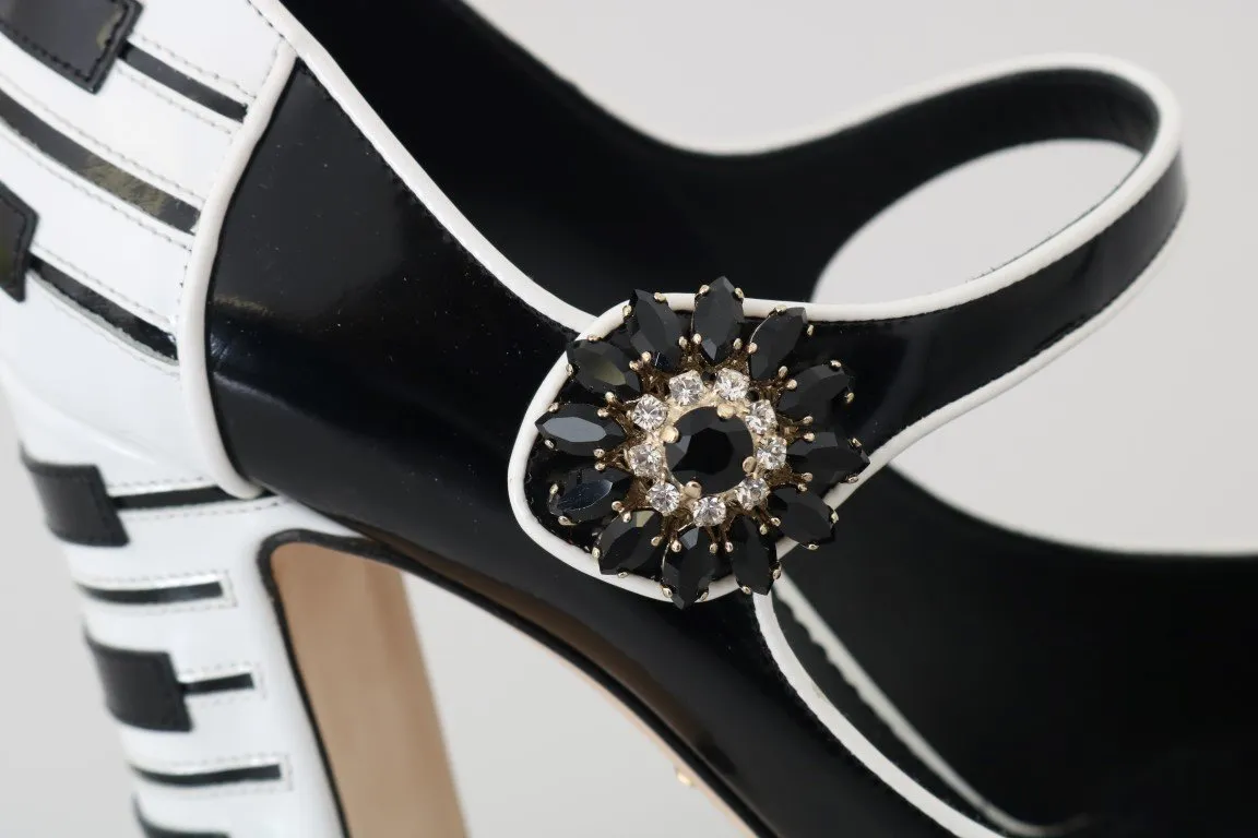 Black White Leather Mary Janes Crystals Pumps