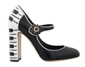 Black White Leather Mary Janes Crystals Pumps
