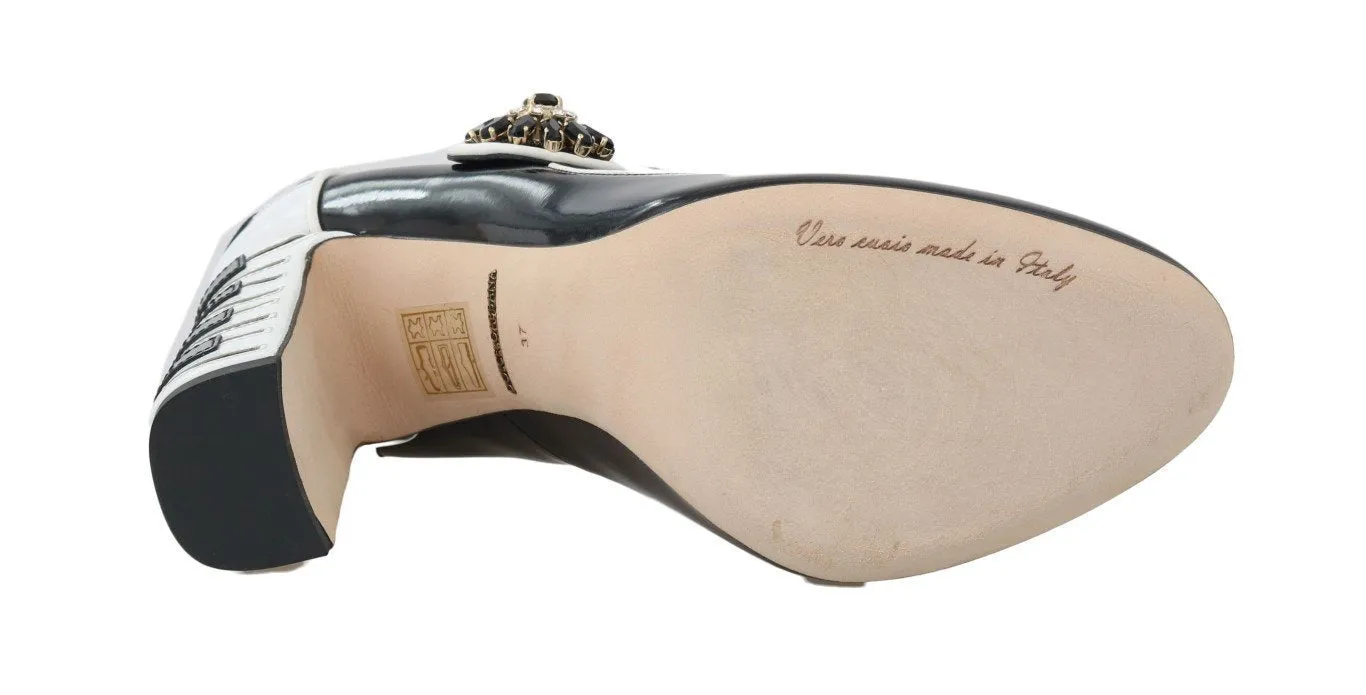 Black White Leather Mary Janes Crystals Pumps