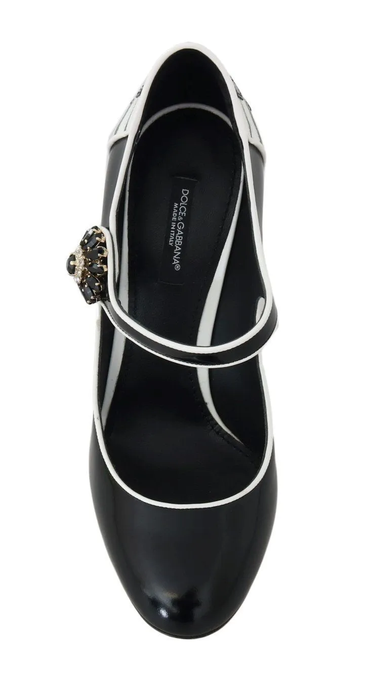 Black White Leather Mary Janes Crystals Pumps