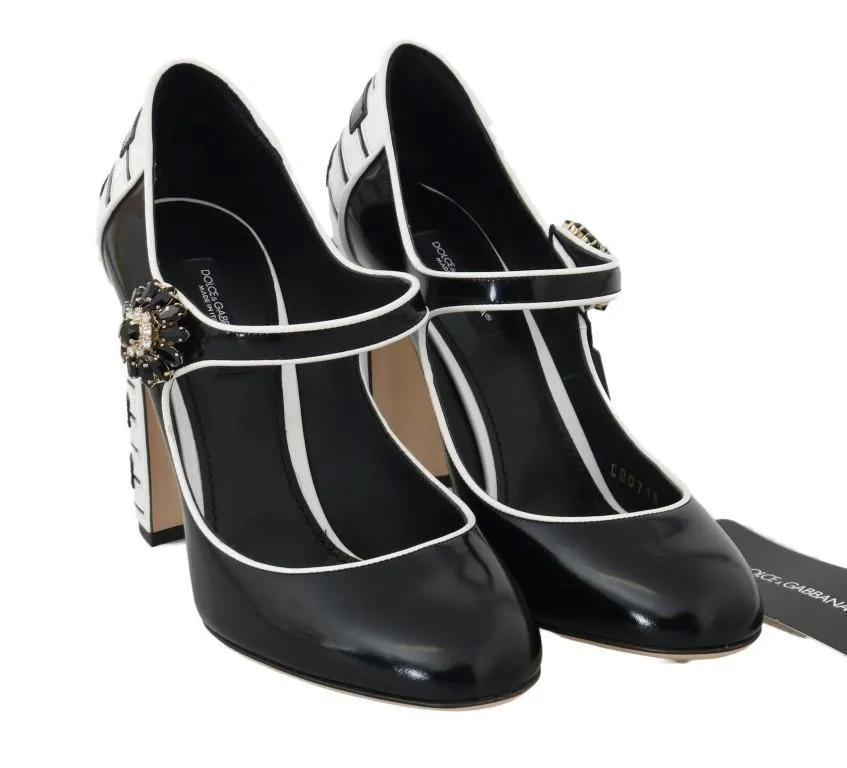 Black White Leather Mary Janes Crystals Pumps