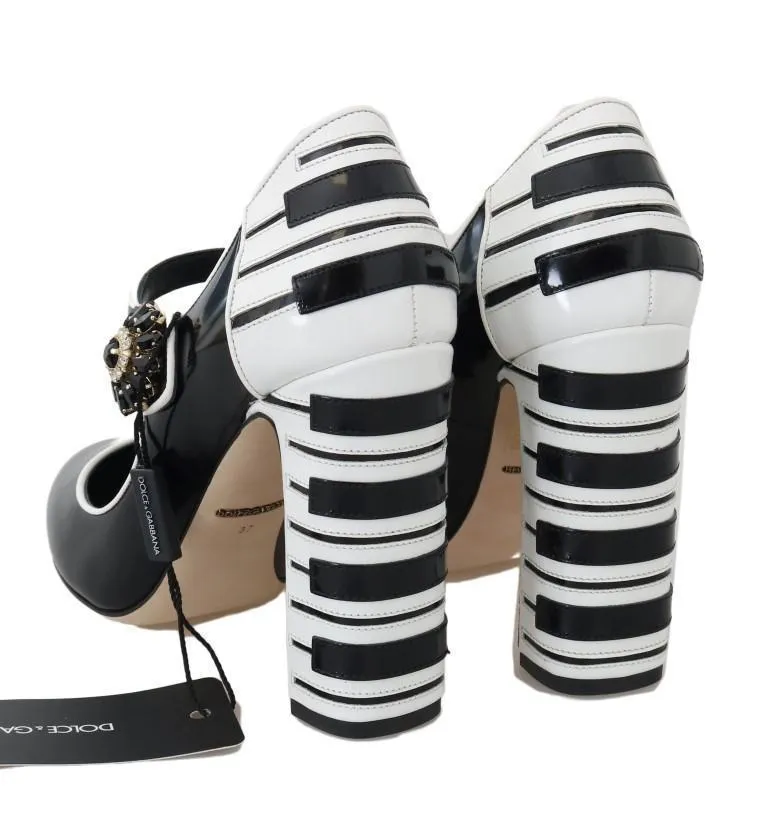 Black White Leather Mary Janes Crystals Pumps