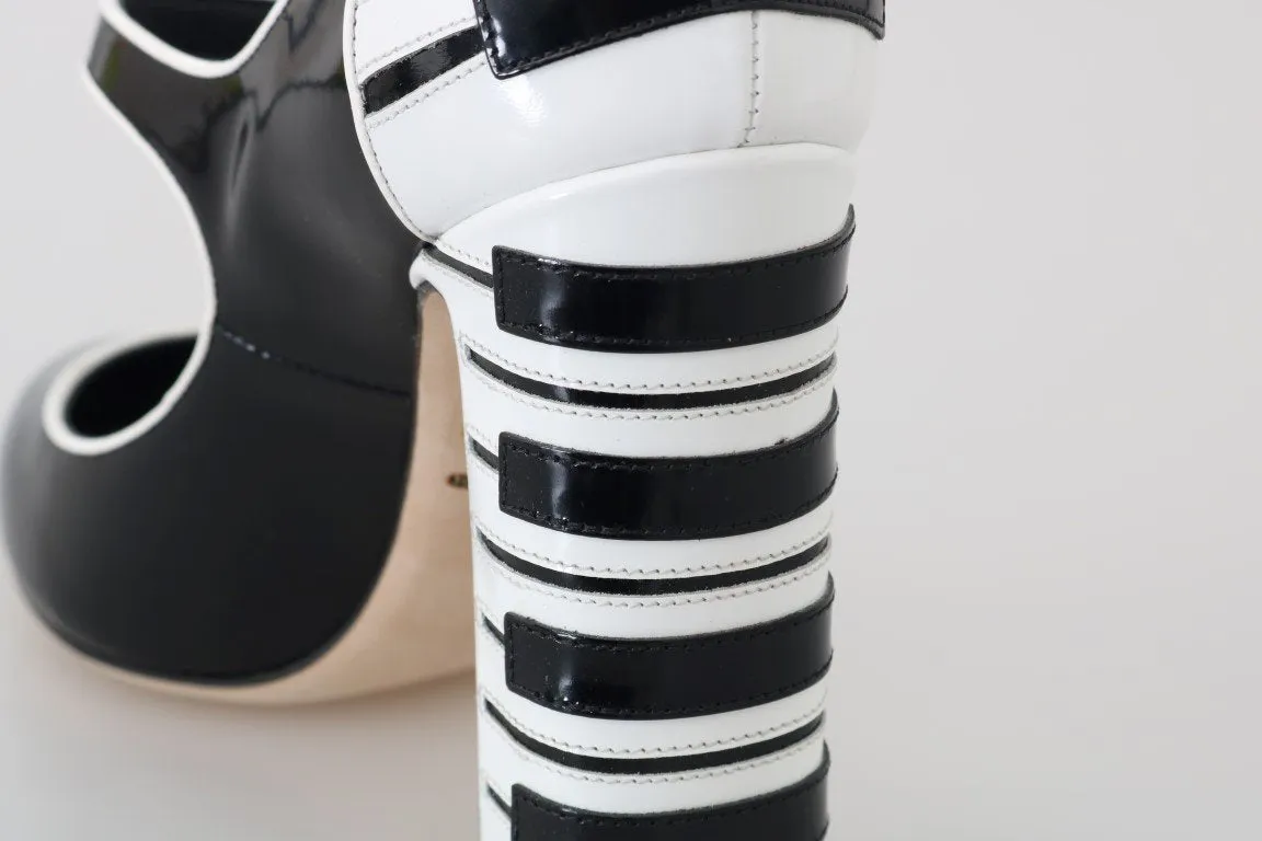 Black White Leather Mary Janes Crystals Pumps