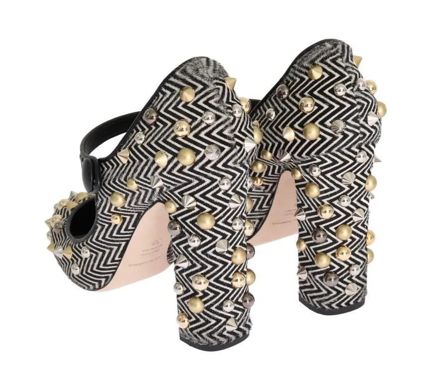 Black White Pony Fur Studded Leather Shoes
