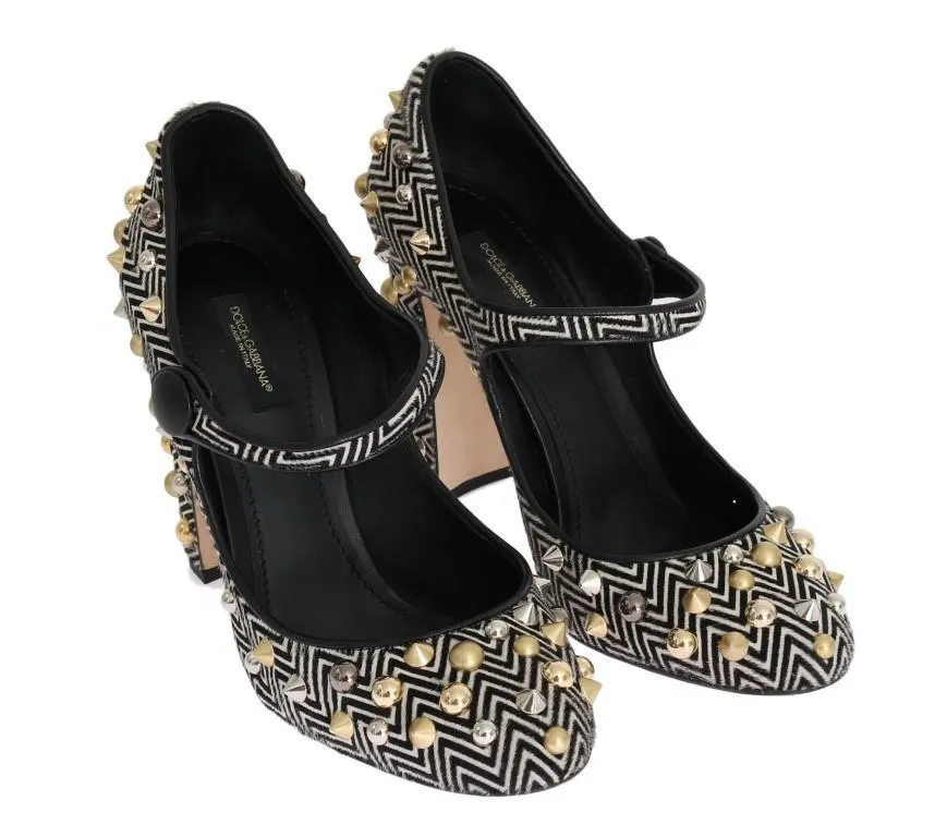 Black White Pony Fur Studded Leather Shoes