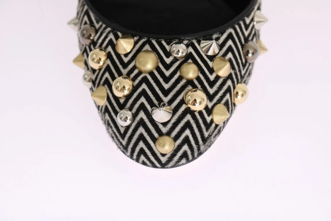 Black White Pony Fur Studded Leather Shoes