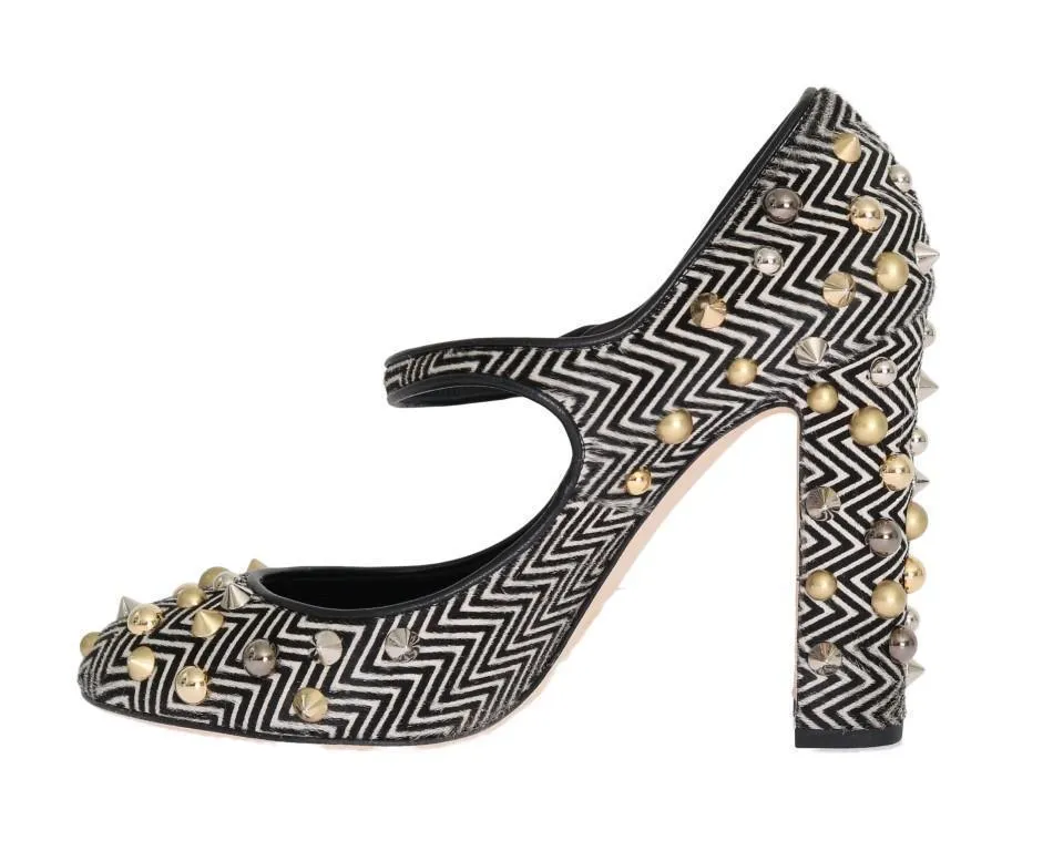 Black White Pony Fur Studded Leather Shoes