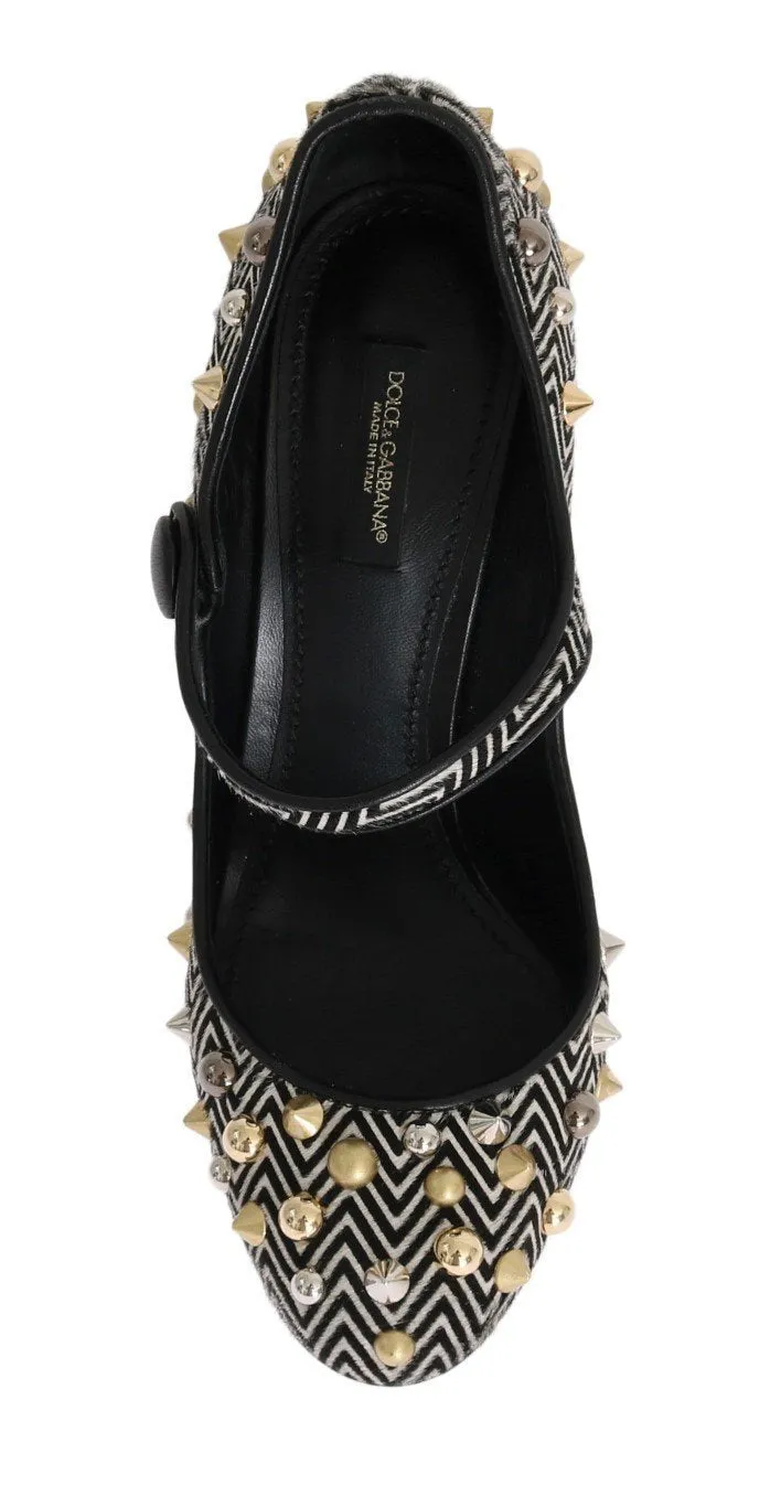 Black White Pony Fur Studded Leather Shoes