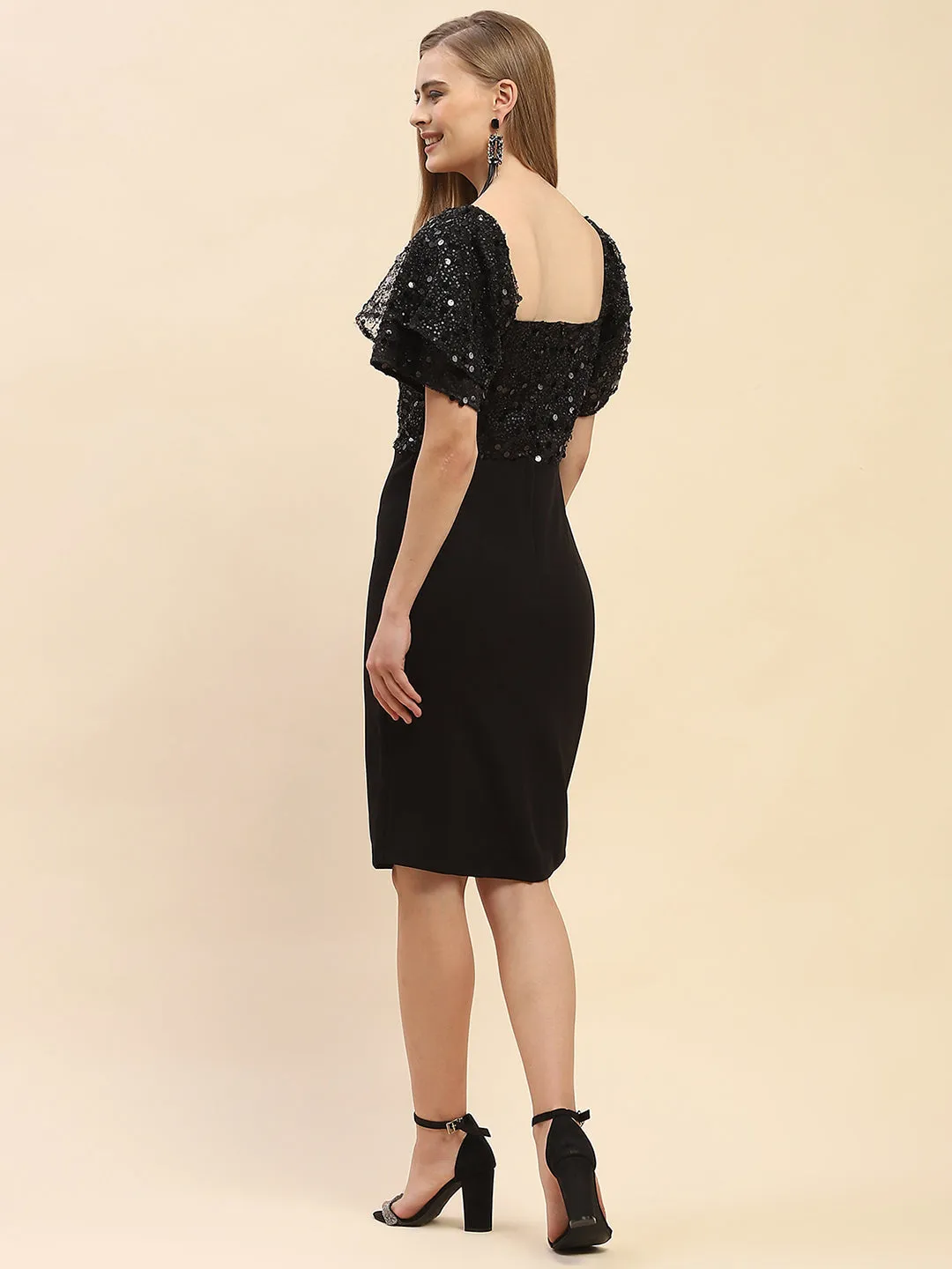 Camla Barcelona Sweetheart Neck Black Embellished Bodycon Dress