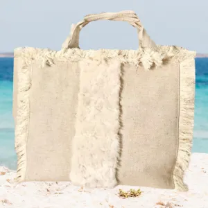 Canvas Fringe Tote |  White Fur