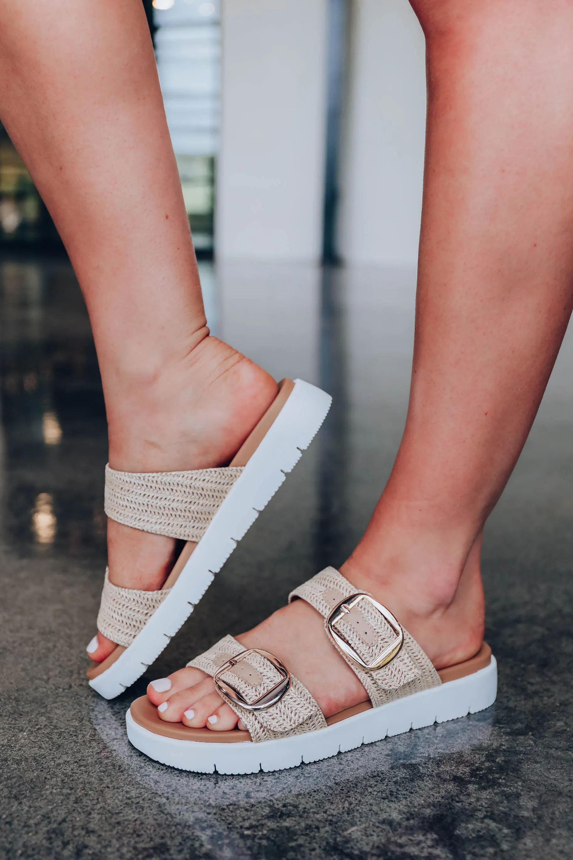 Carey Raffia Slide Sandals - Beige