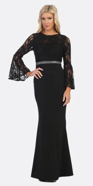 Celavie 6374 Beaded Waist Long Dress with Long Bell Sleeves