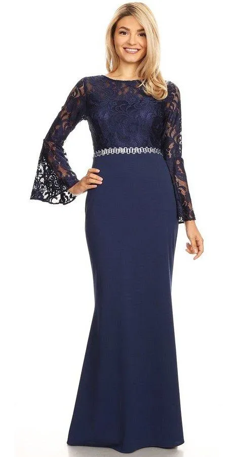 Celavie 6374 Beaded Waist Long Dress with Long Bell Sleeves