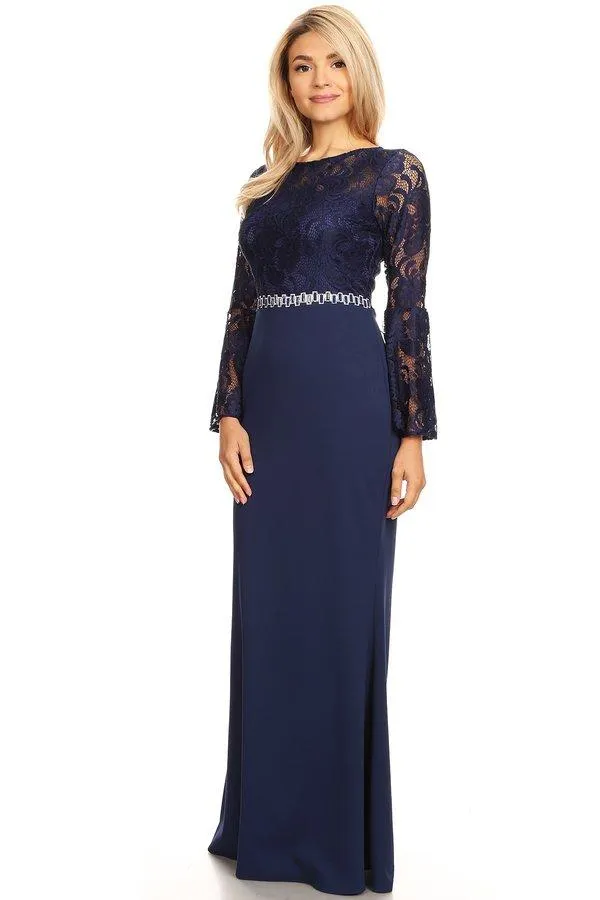 Celavie 6374 Beaded Waist Long Dress with Long Bell Sleeves