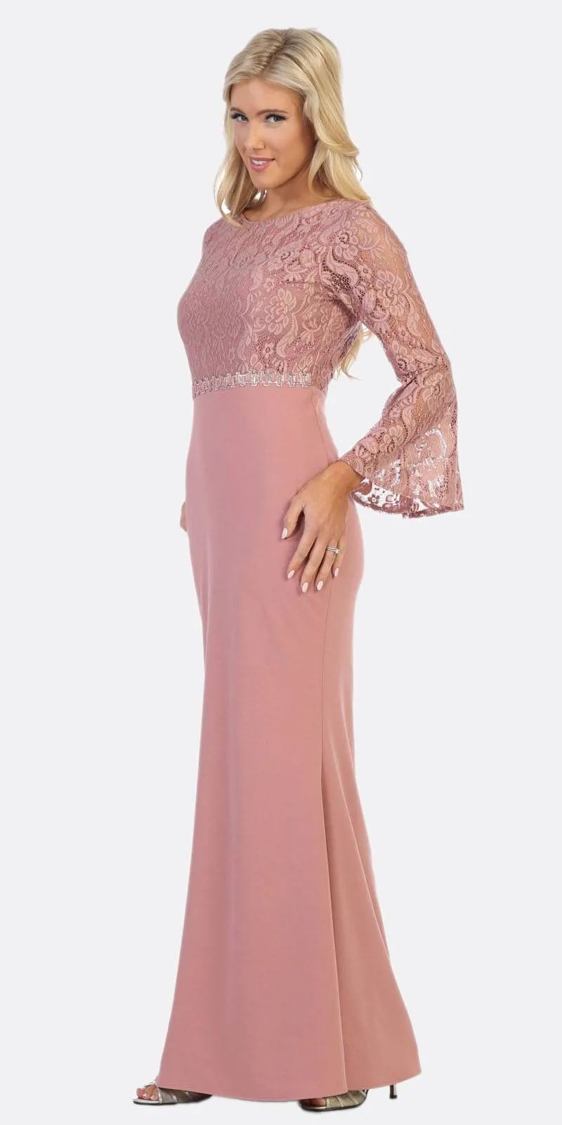 Celavie 6374 Beaded Waist Long Dress with Long Bell Sleeves